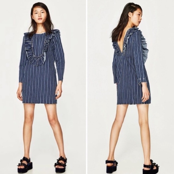 Zara Denim Striped Fringe Bib Long Sleeve Mini Dress Size XS - Picture 1 of 9